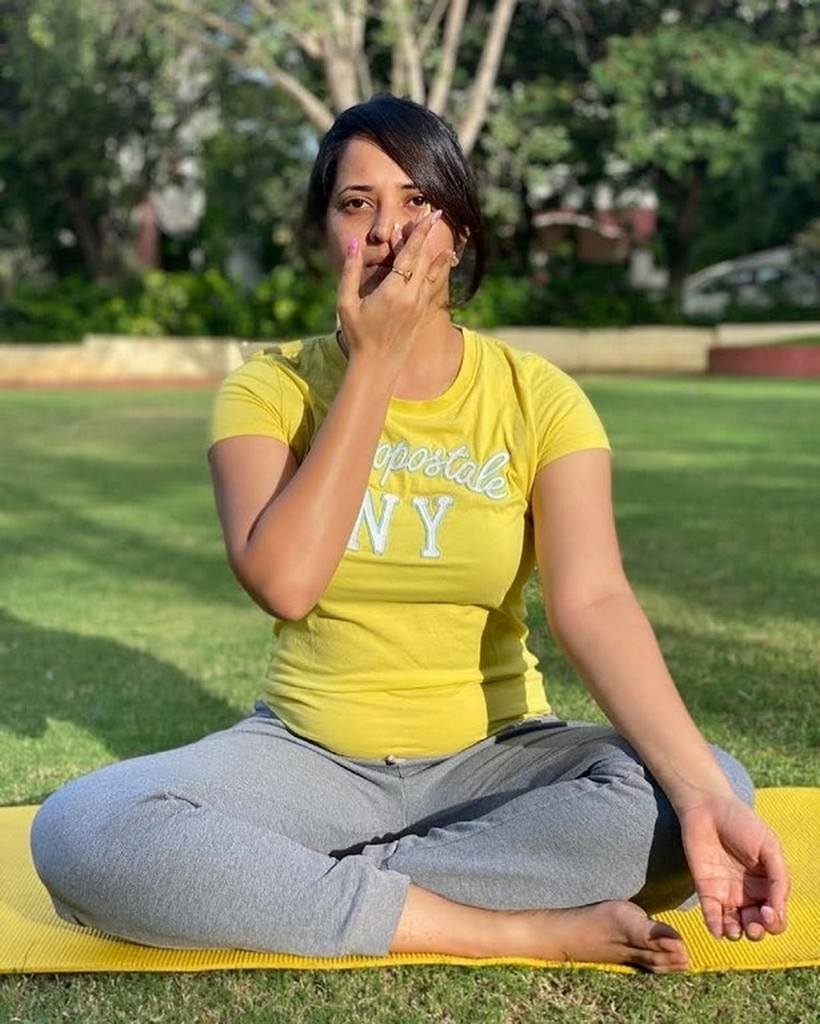 ANASUYA BHARDWAJ Yoga Workout stills during International Yoga day