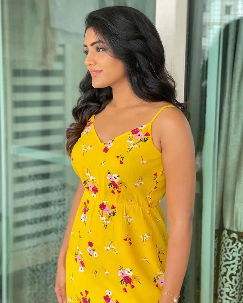 Eesha Rebba poses in yellow color sleeveless gown