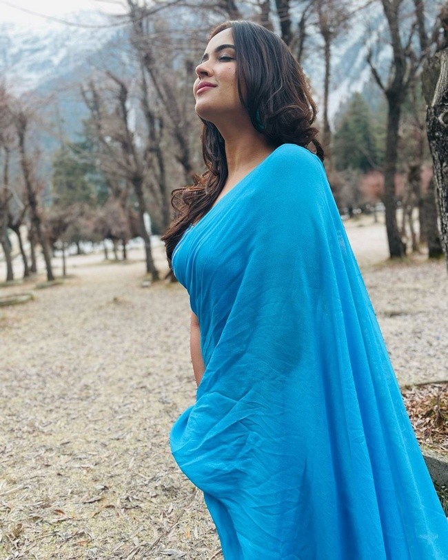 Pujitha Ponnada stills in blue saree