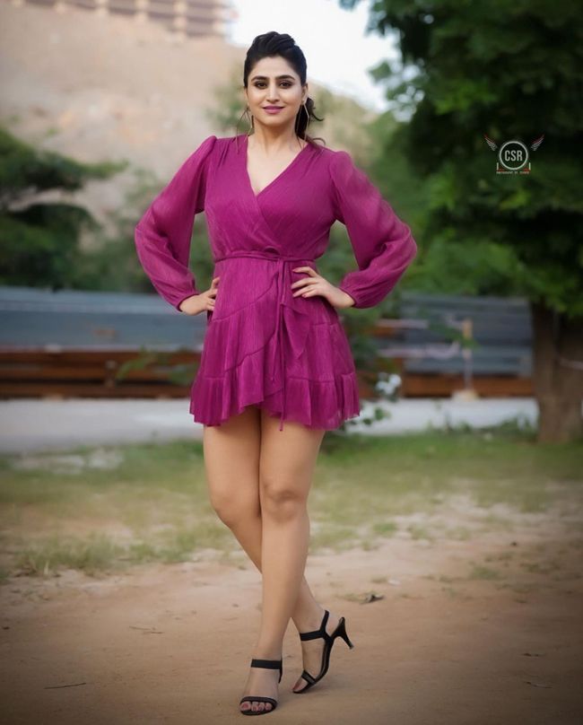 Alluring poses of Varshini Sounderajan in purple gown