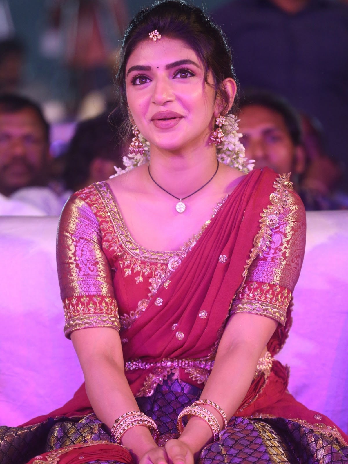 Sreelela in half saree during at Bhagavanth Kesari movie trailer launch